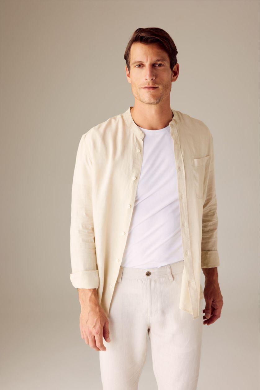 Ерлер Сұр тік жаға мақта Ұзын жеңді көйлек