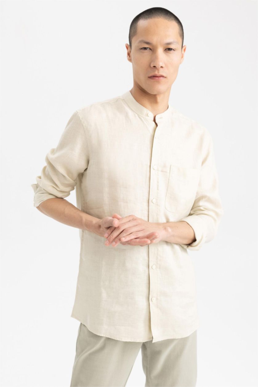 Ерлер Сұр тік жаға мақта Ұзын жеңді көйлек