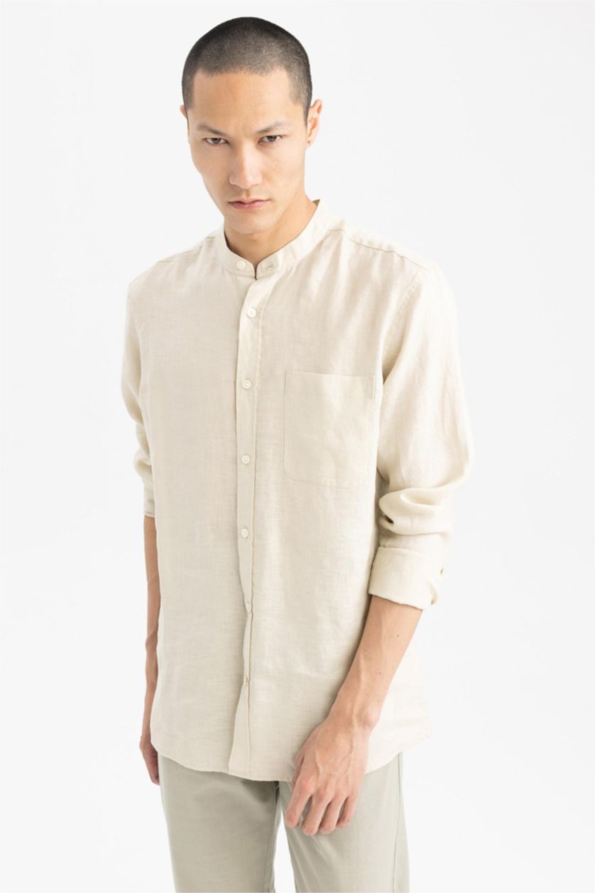 Ерлер Сұр тік жаға мақта Ұзын жеңді көйлек