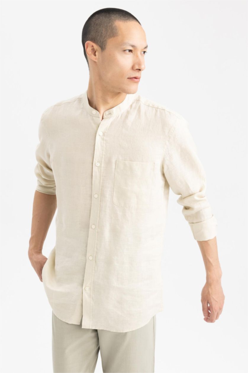 Ерлер Сұр тік жаға мақта Ұзын жеңді көйлек