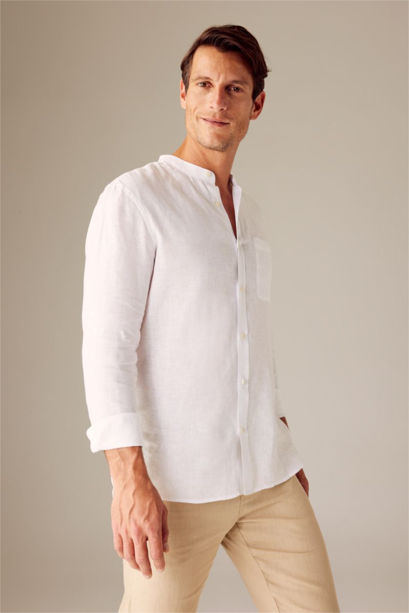 MAN White Modern Fit Dog Collar Cotton Long Sleeve Shirt