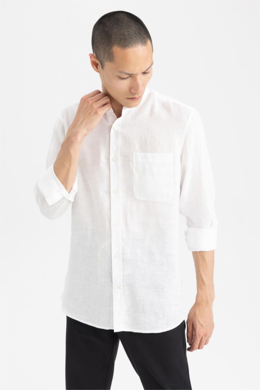 MAN White Modern Fit Dog Collar Cotton Long Sleeve Shirt