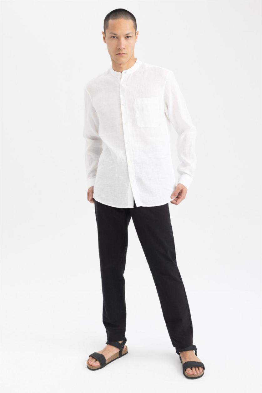 MAN White Modern Fit Dog Collar Cotton Long Sleeve Shirt