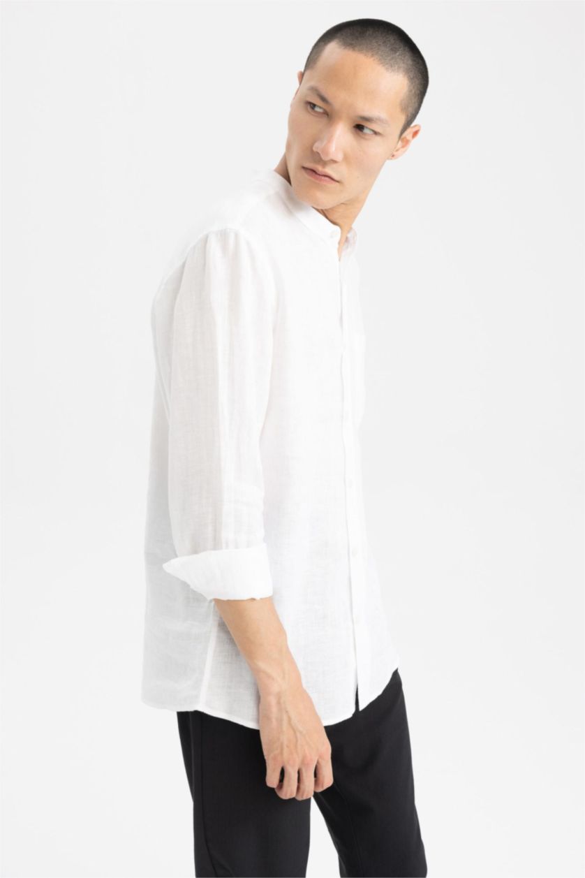 MAN White Modern Fit Dog Collar Cotton Long Sleeve Shirt