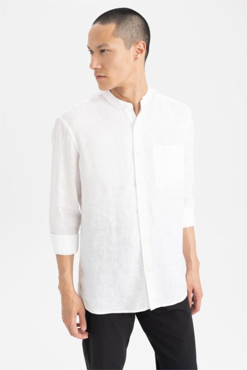 MAN White Modern Fit Dog Collar Cotton Long Sleeve Shirt