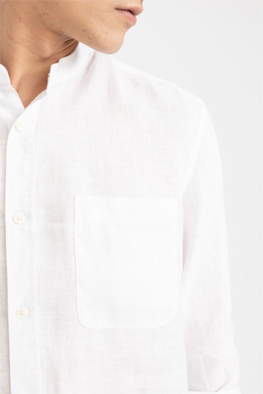 MAN White Modern Fit Dog Collar Cotton Long Sleeve Shirt