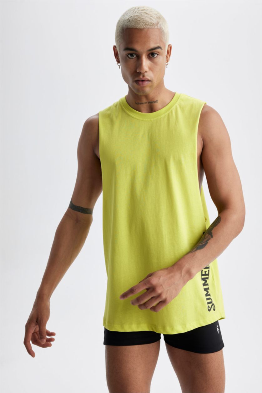 رجال Parlak Açık Yeşiil تيشيرت بدون أكمام قصة فضفاضة مطبوع