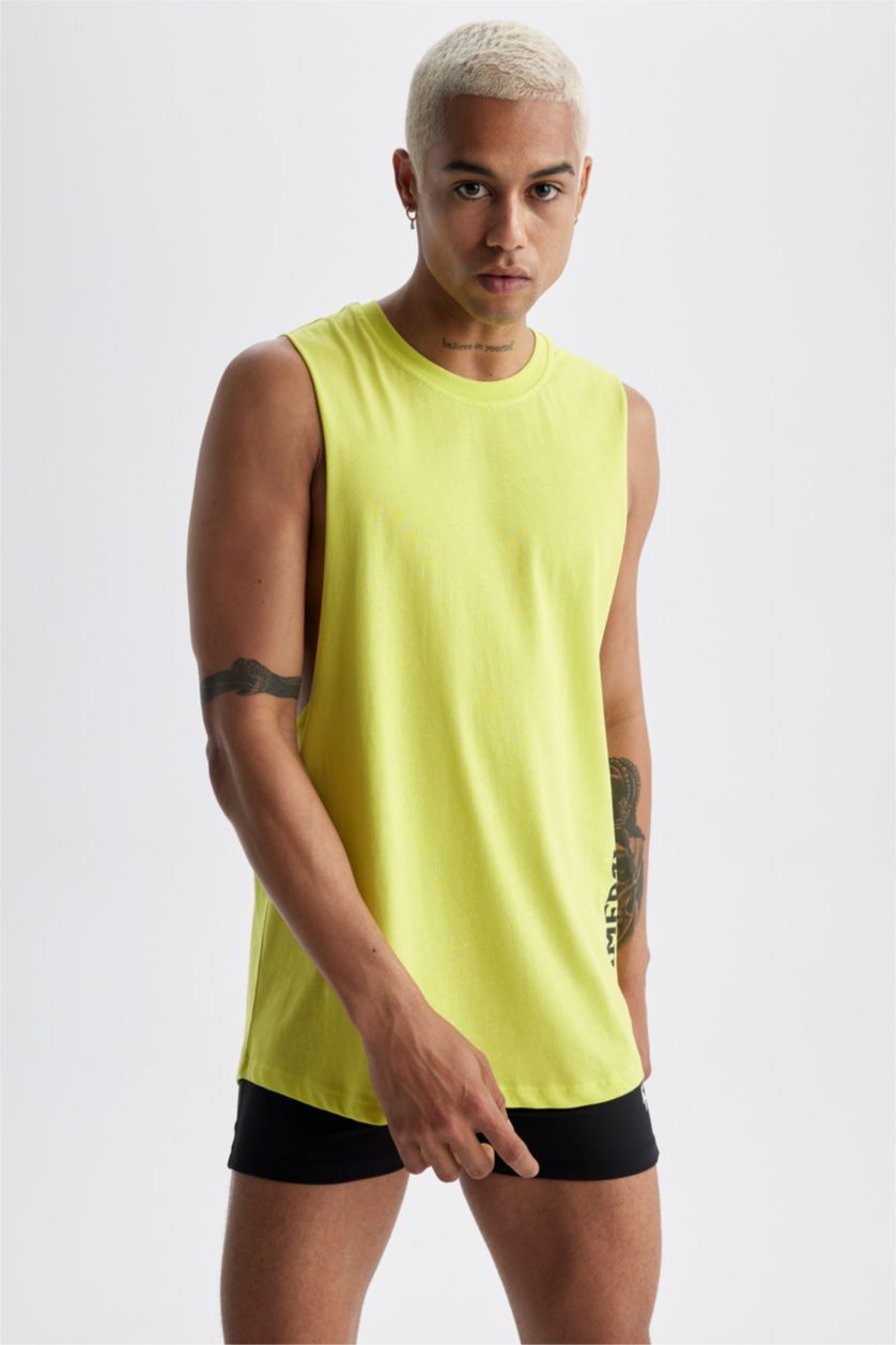 رجال Parlak Açık Yeşiil تيشيرت بدون أكمام قصة فضفاضة مطبوع