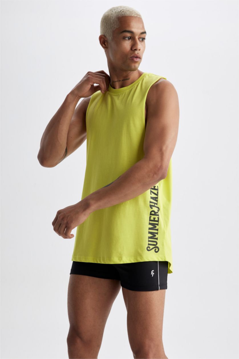 رجال Parlak Açık Yeşiil تيشيرت بدون أكمام قصة فضفاضة مطبوع