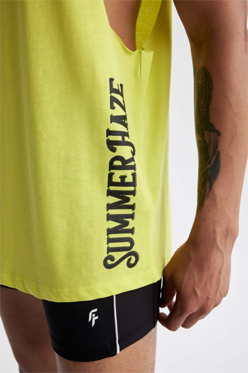 رجال Parlak Açık Yeşiil تيشيرت بدون أكمام قصة فضفاضة مطبوع