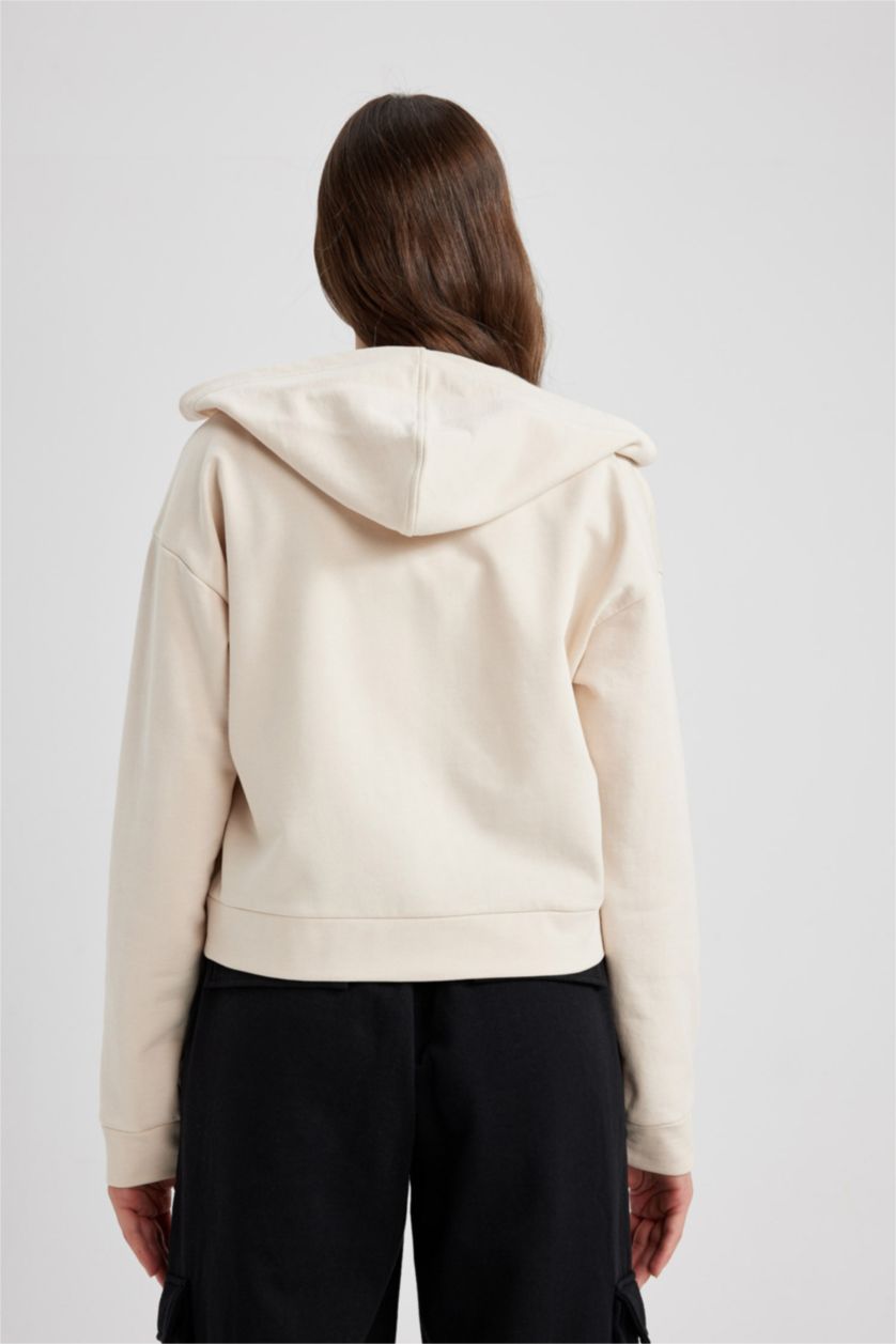 حريمي بيج فاتح سويت شيرت بيزك خفيف قصة عادية بكابيشون