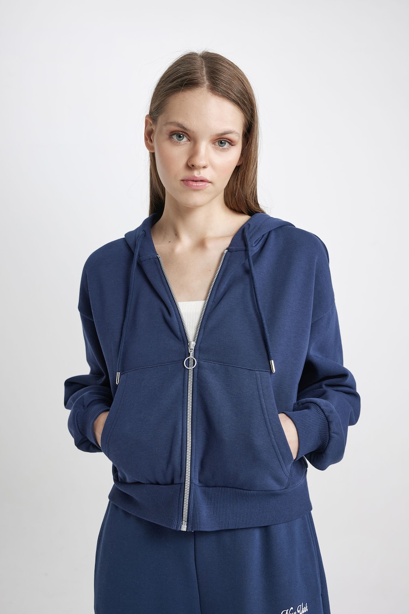 WOMAN NAVY Standard Fit Hooded Basic Zippered Sweatshirt