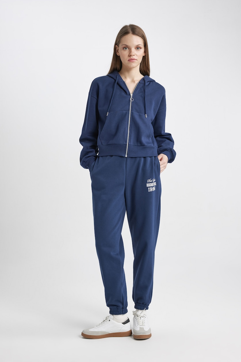 WOMAN NAVY Standard Fit Hooded Basic Zippered Sweatshirt