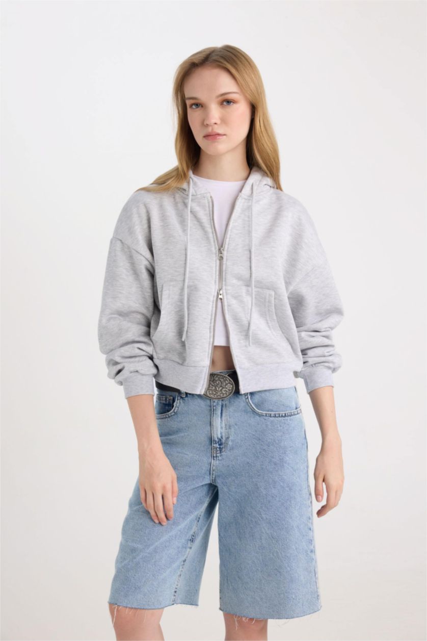 WOMAN Grey Melange Standard Fit Basic Zip-Up Hoodie