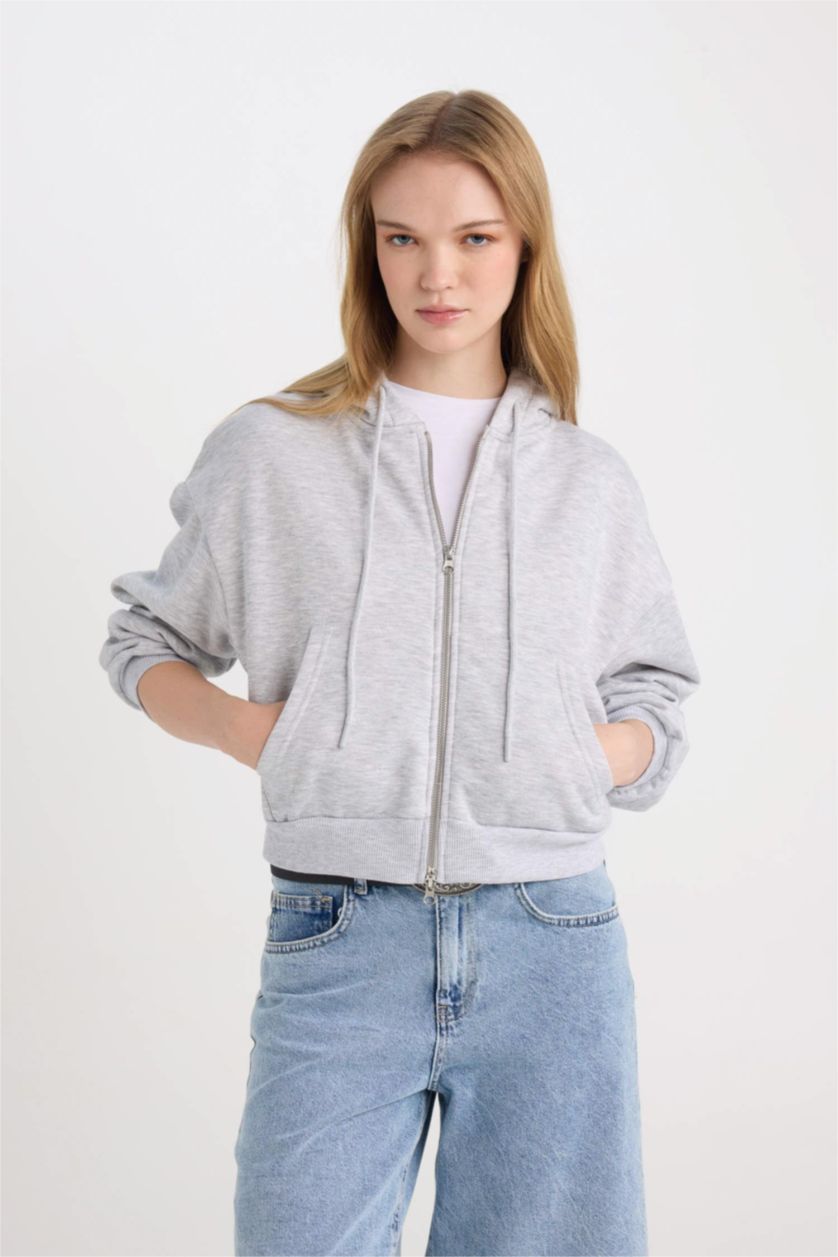 WOMAN Grey Melange Standard Fit Basic Zip-Up Hoodie