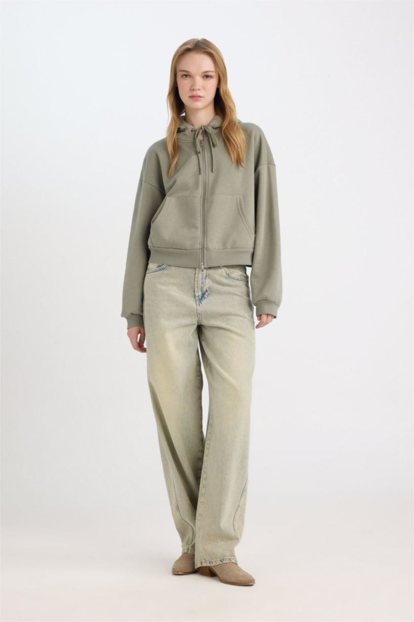 Kadın Açık Haki Cropped Fit Kapüşonlu Kalın Fermuarlı Sweatshirt