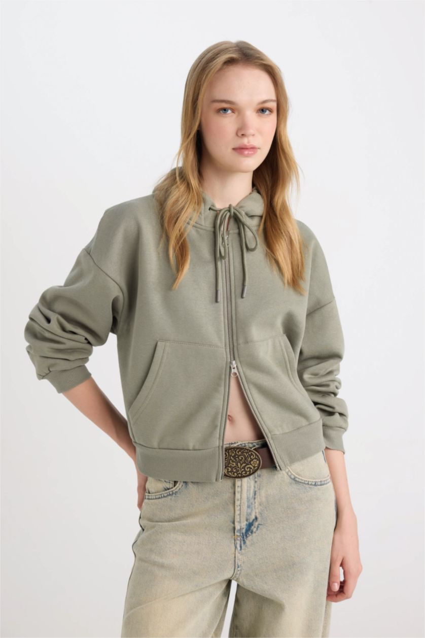 Kadın Açık Haki Cropped Fit Kapüşonlu Kalın Fermuarlı Sweatshirt