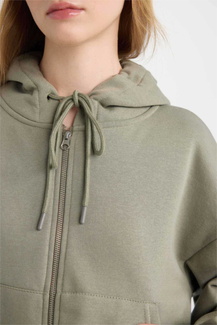 Kadın Açık Haki Cropped Fit Kapüşonlu Kalın Fermuarlı Sweatshirt