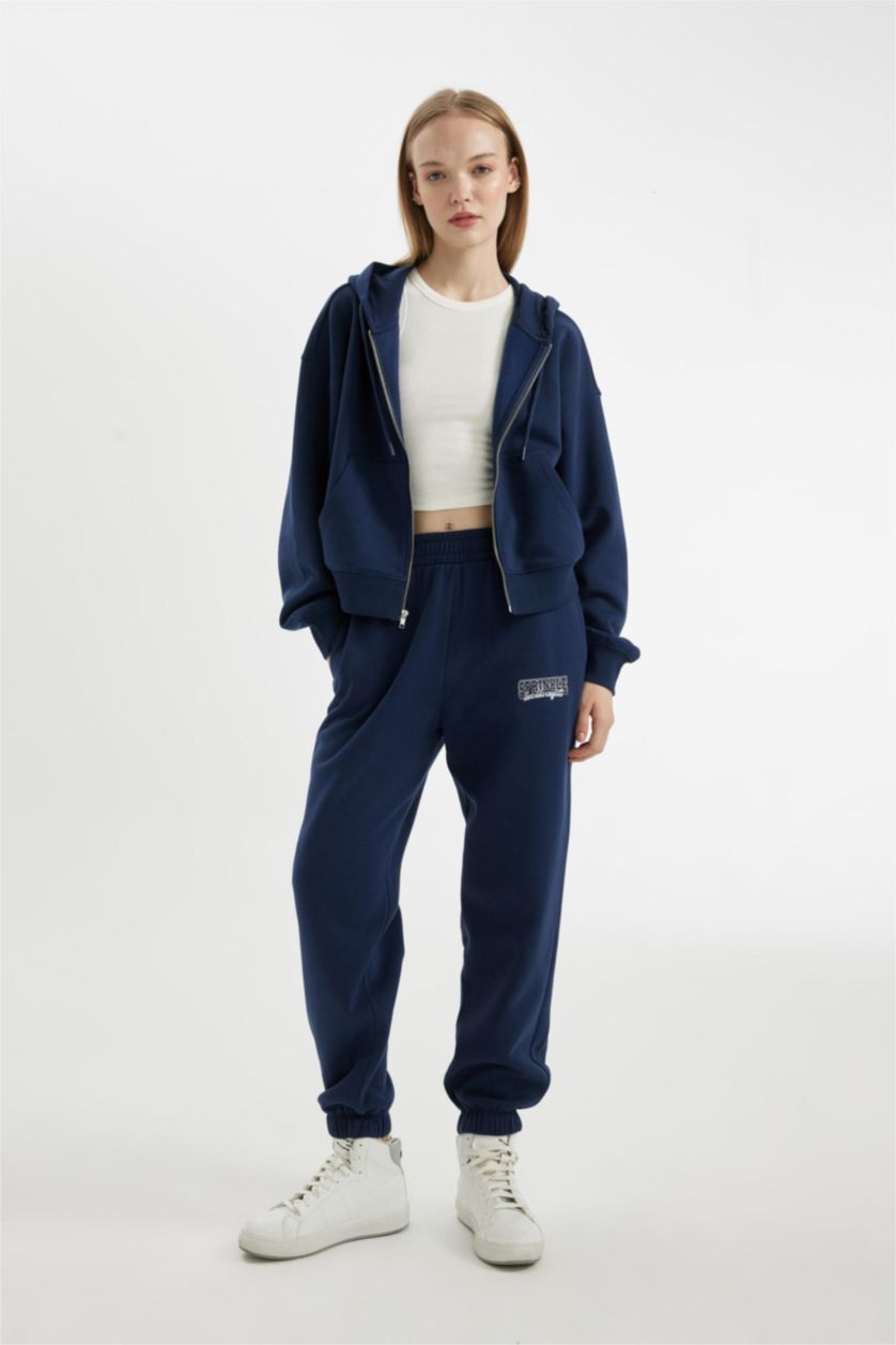 Kadın Lacivert Lacivert Coool Standart Fit Kapüşonlu Basic Düz Kanguru Cepli Fermuarlı Sweatshirt