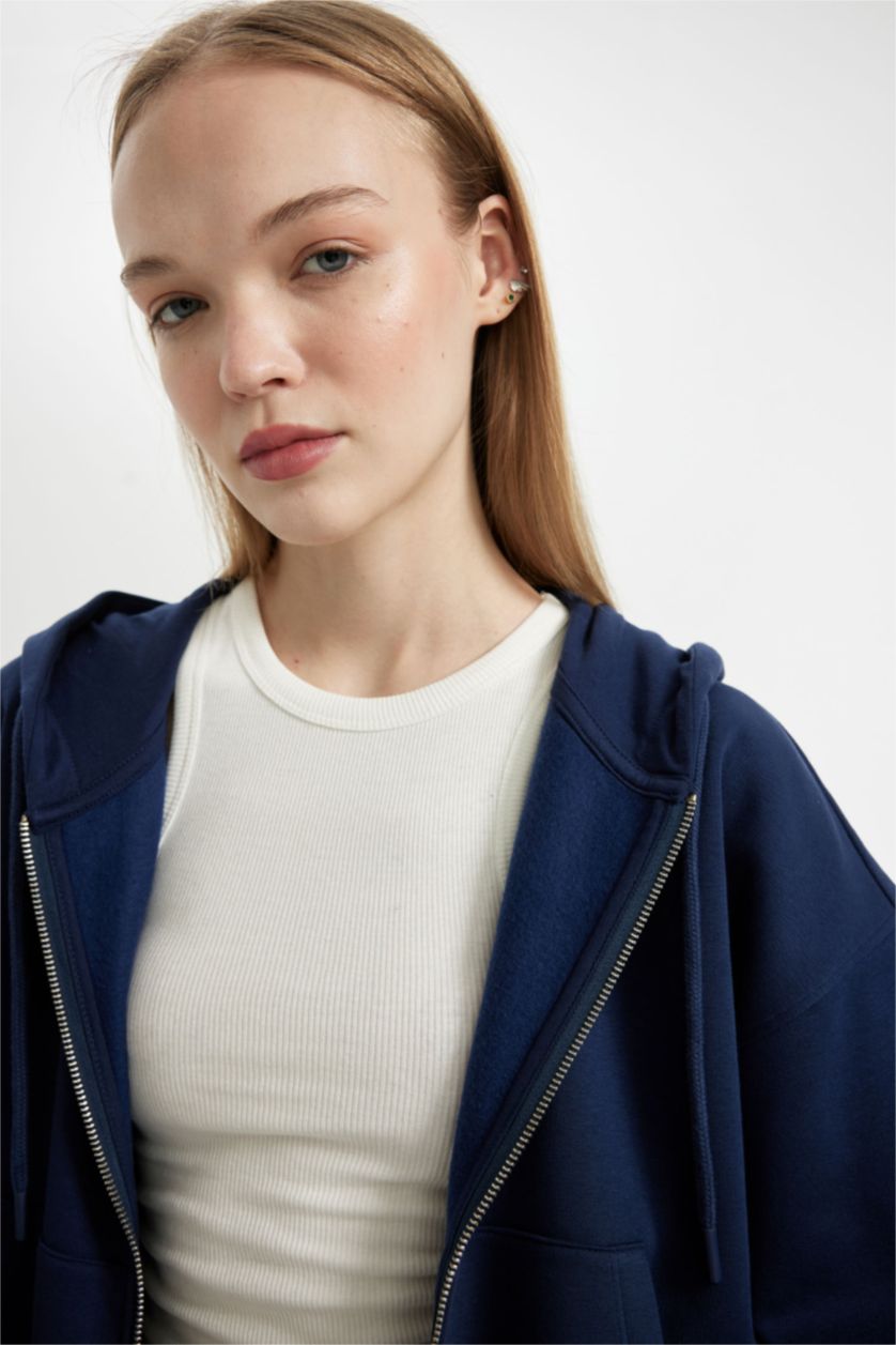 Kadın Lacivert Lacivert Coool Standart Fit Kapüşonlu Basic Düz Kanguru Cepli Fermuarlı Sweatshirt