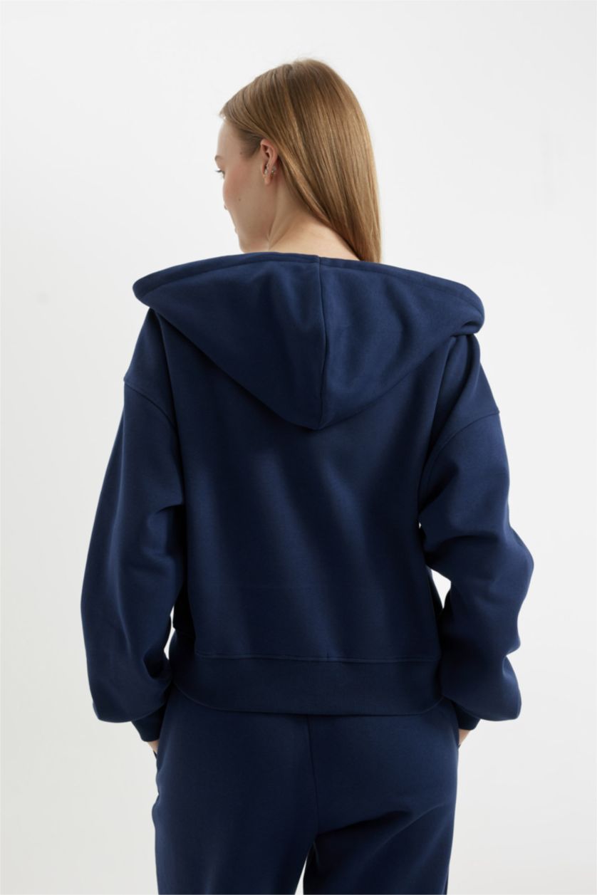 Kadın Lacivert Lacivert Coool Standart Fit Kapüşonlu Basic Düz Kanguru Cepli Fermuarlı Sweatshirt