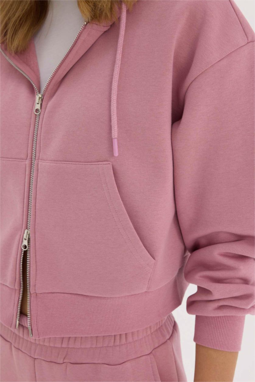 WOMAN Rose Standard Fit Hooded Basic Zippered Sweatshirt