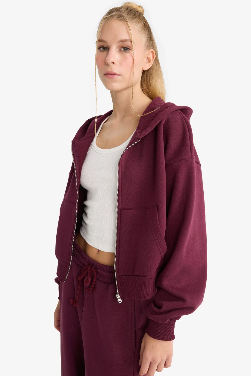 Kadın Bordo Cropped Fit Kapüşonlu Kalın Fermuarlı Sweatshirt