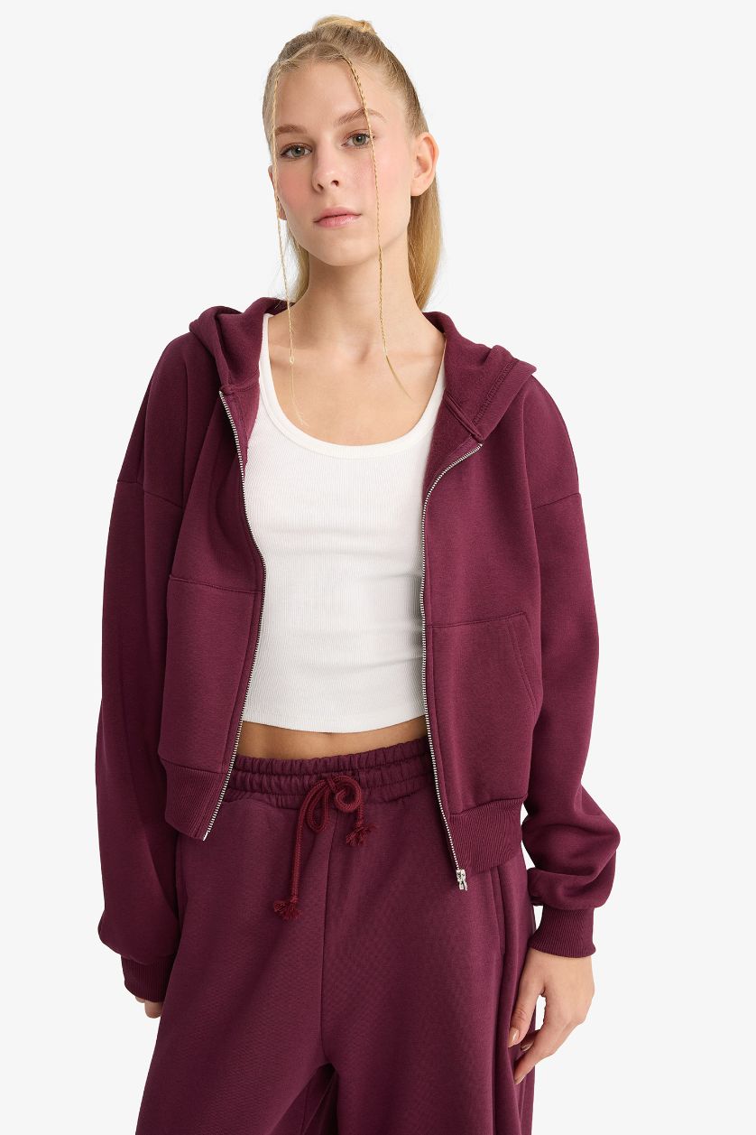 Kadın Bordo Cropped Fit Kapüşonlu Kalın Fermuarlı Sweatshirt