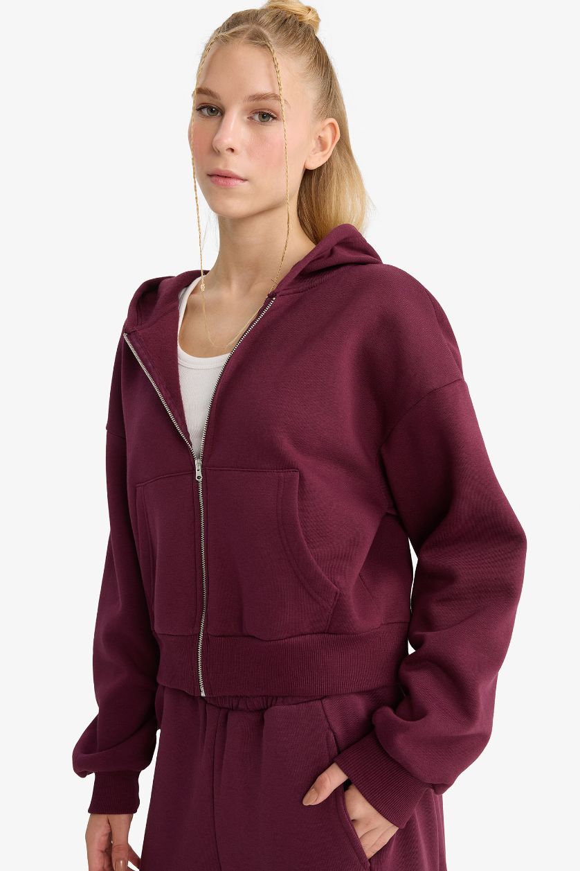 Kadın Bordo Cropped Fit Kapüşonlu Kalın Fermuarlı Sweatshirt
