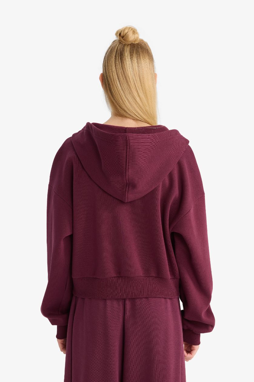 Kadın Bordo Cropped Fit Kapüşonlu Kalın Fermuarlı Sweatshirt