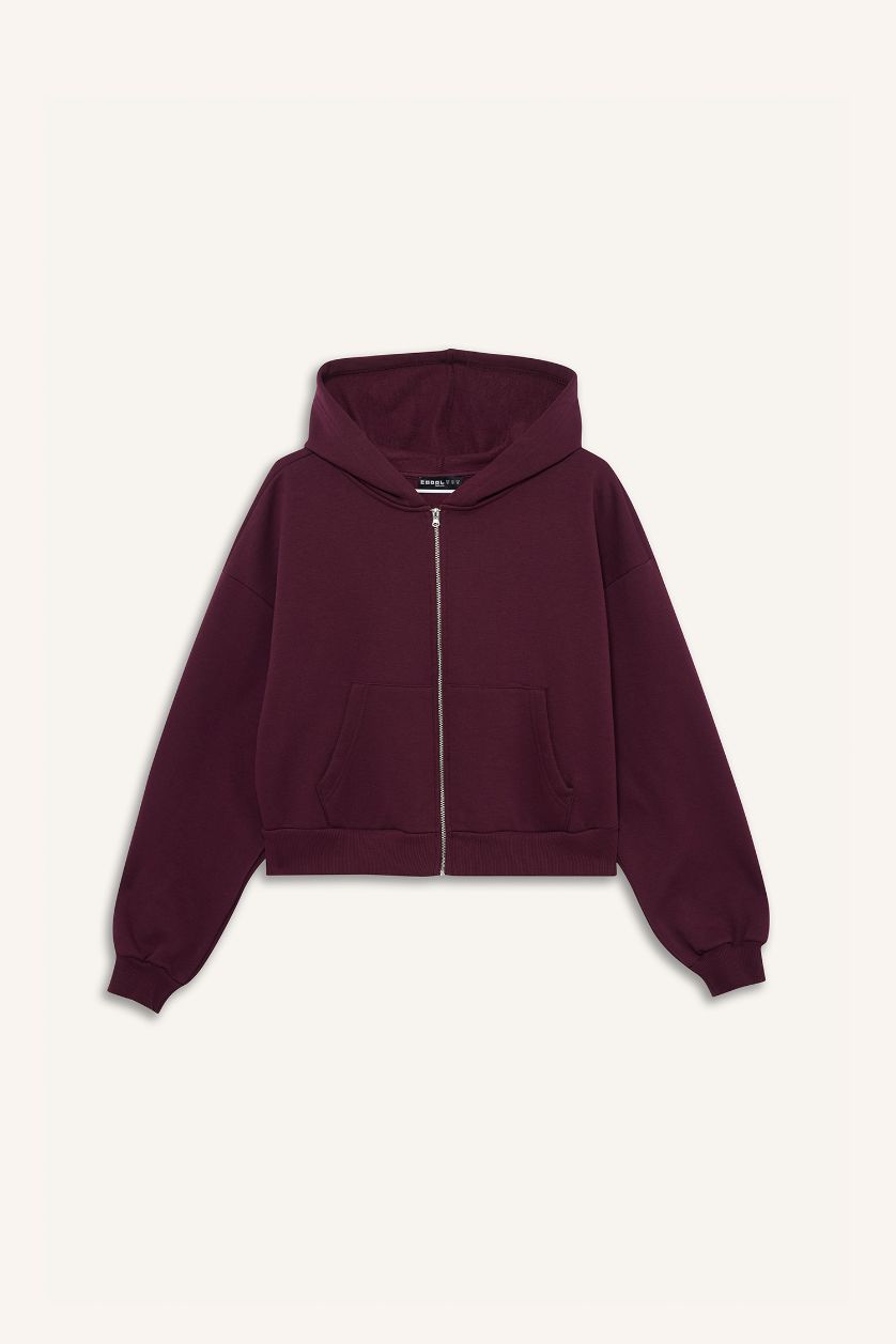 Kadın Bordo Cropped Fit Kapüşonlu Kalın Fermuarlı Sweatshirt
