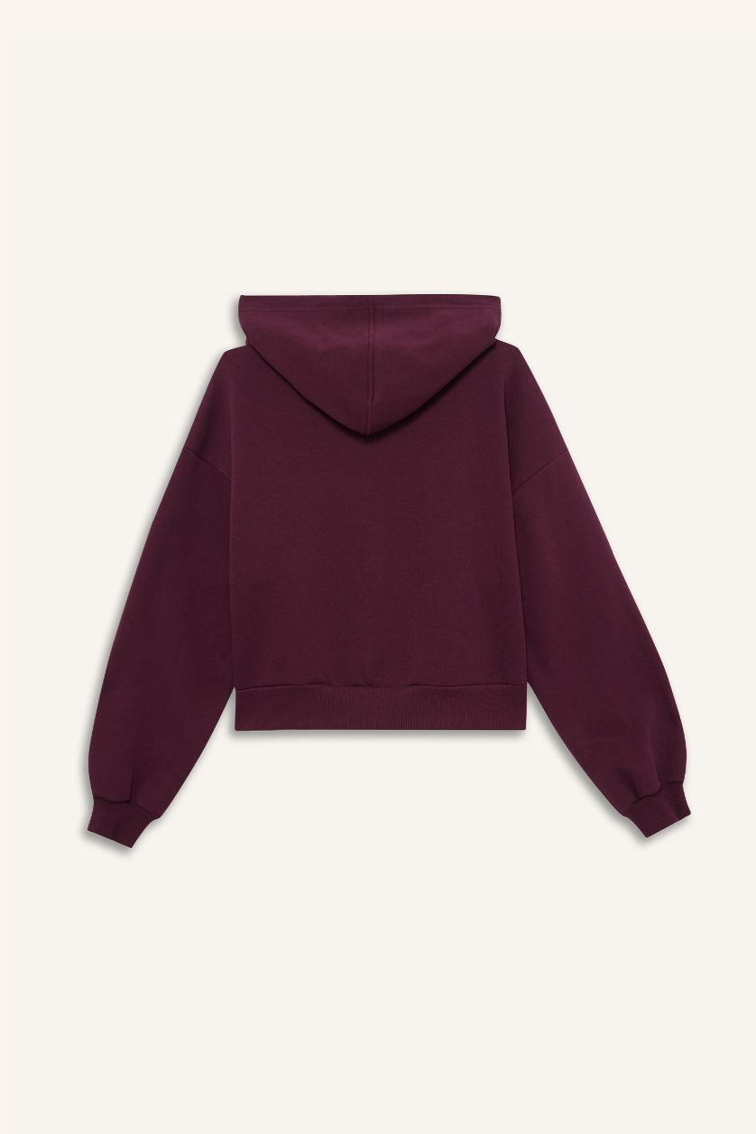 Kadın Bordo Cropped Fit Kapüşonlu Kalın Fermuarlı Sweatshirt