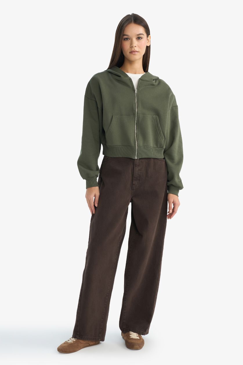 Kadın Koyu Yeşil Cropped Fit Kapüşonlu Kalın Fermuarlı Sweatshirt