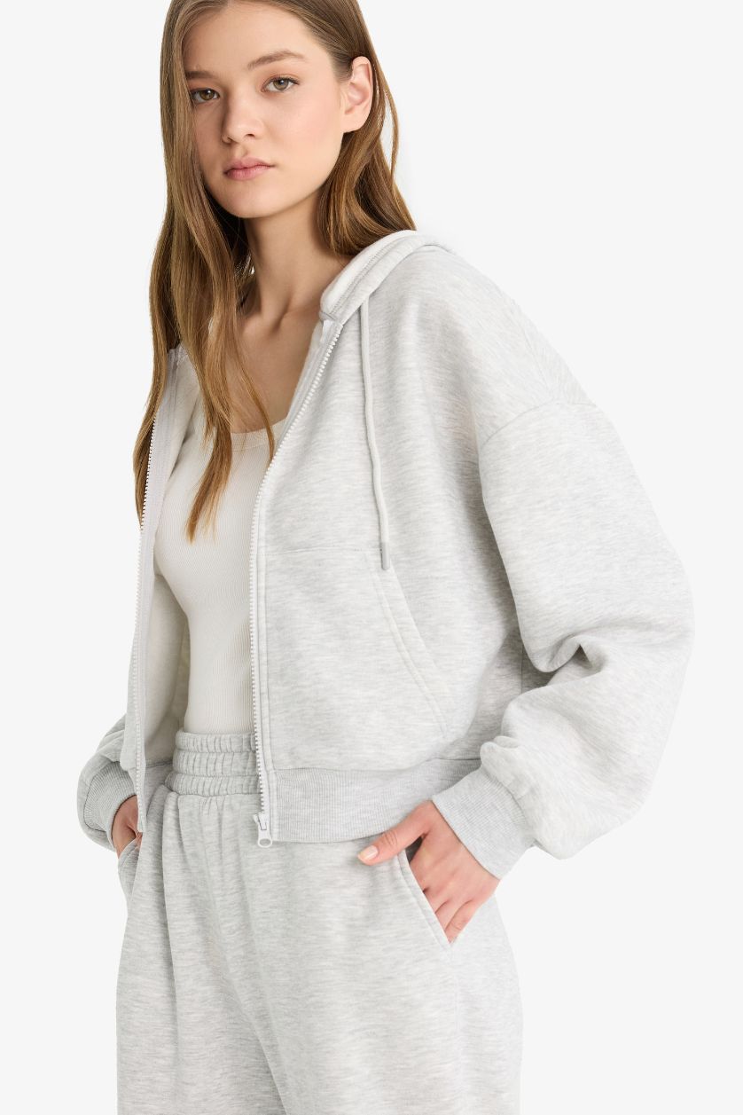 Kadın Gri Melanj Cropped Fit Kapüşonlu Kalın Fermuarlı Sweatshirt