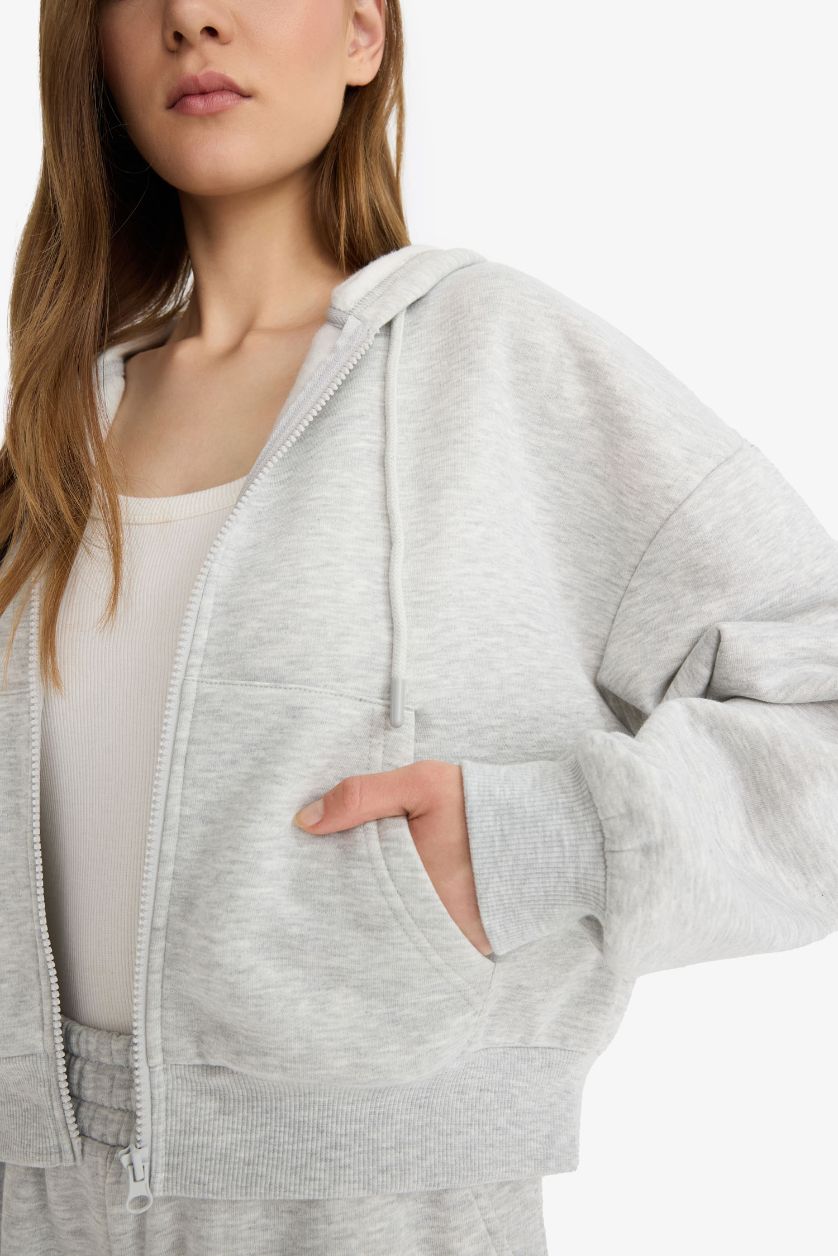 Kadın Gri Melanj Cropped Fit Kapüşonlu Kalın Fermuarlı Sweatshirt