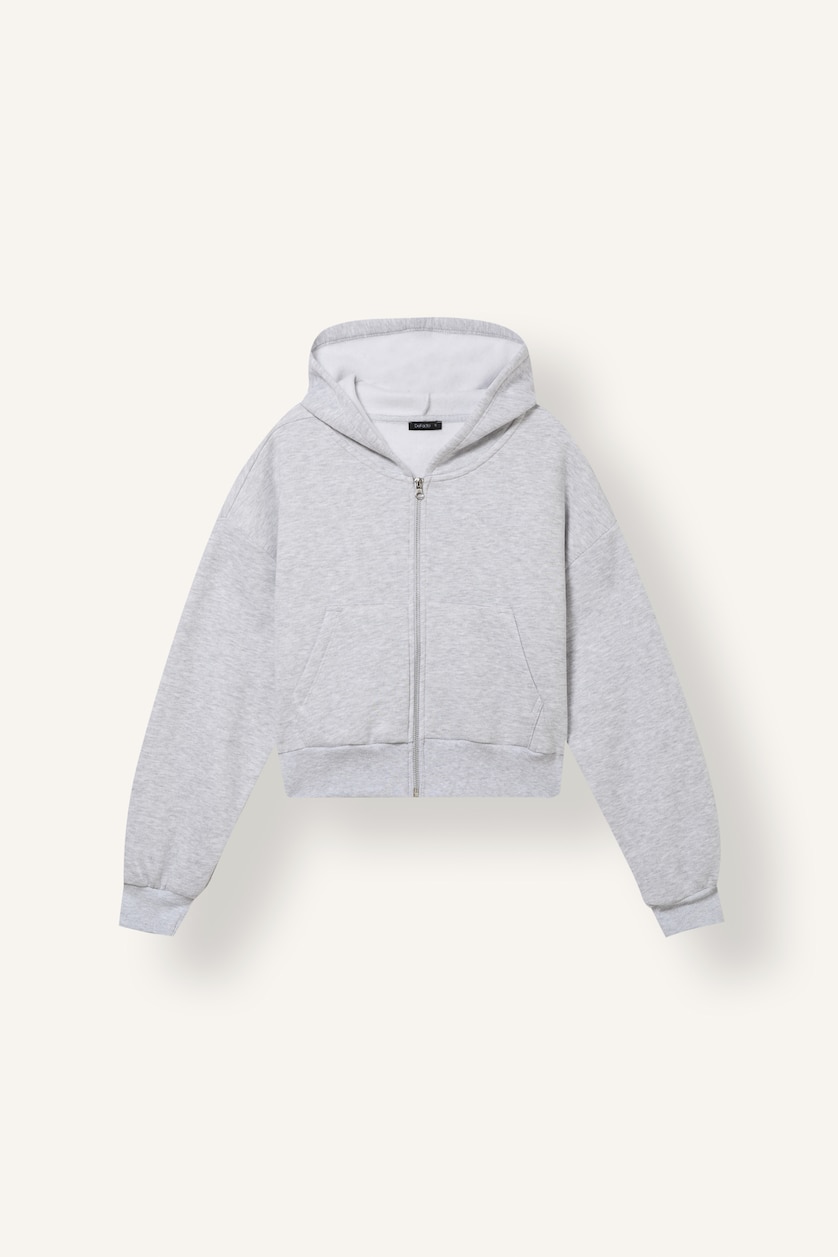 Woman Grey Melange Cropped Fit Thick Hooded Sweatshirt