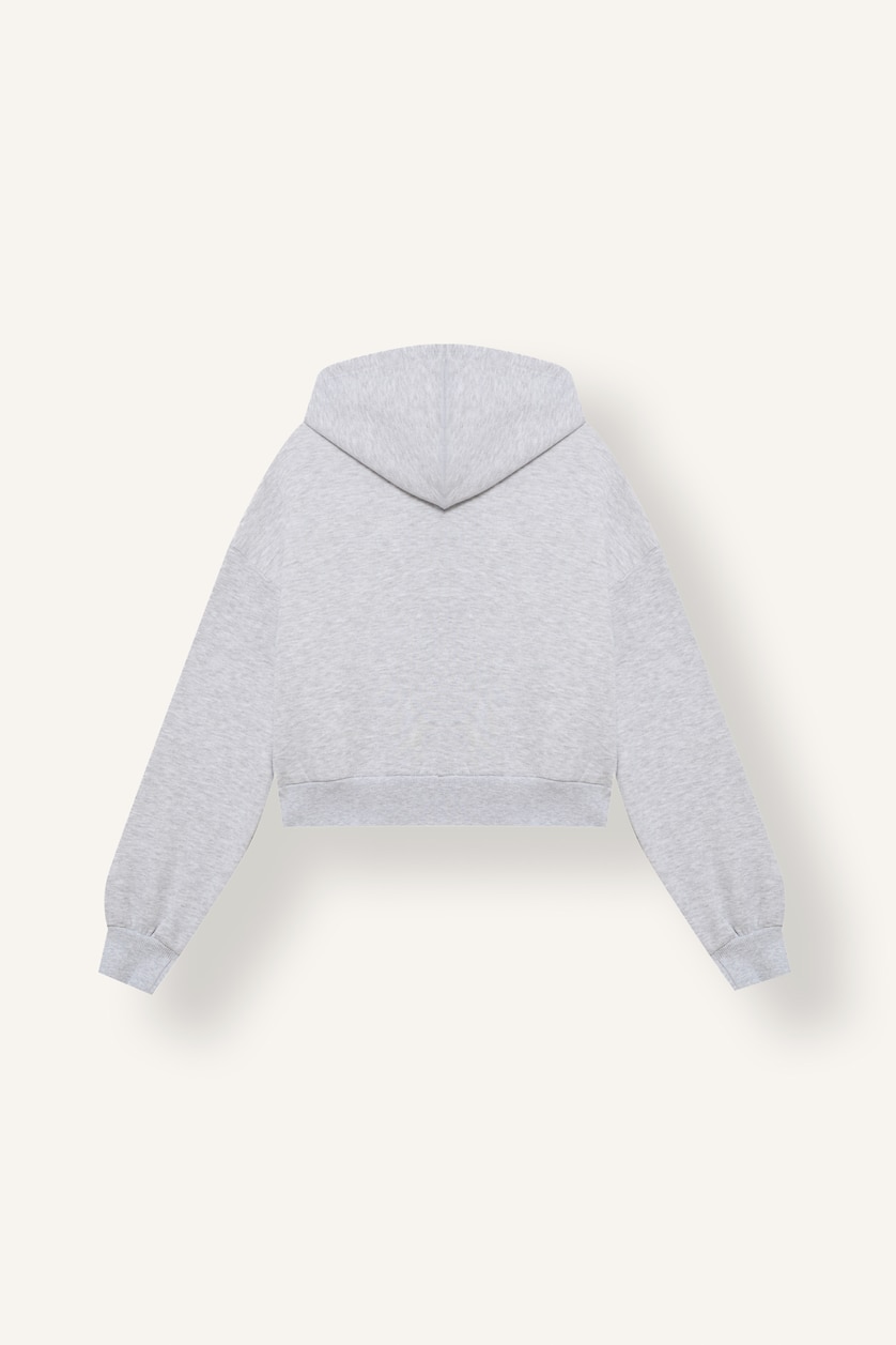 Woman Grey Melange Cropped Fit Thick Hooded Sweatshirt