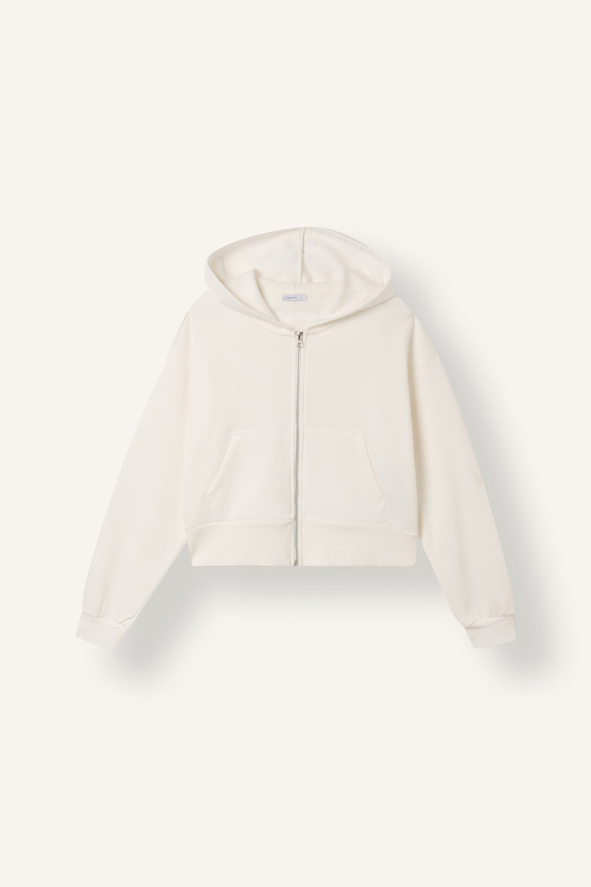 Kadın Kırık Beyaz Cropped Fit Fermuarlı Sweatshirt