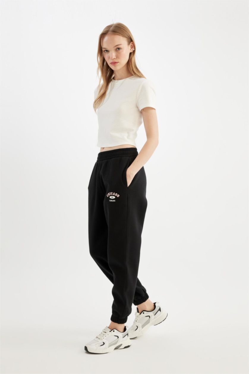 Kadın Siyah Beli Paçası Lastikli Basic Düz Cepli Jogger Eşofman Altı