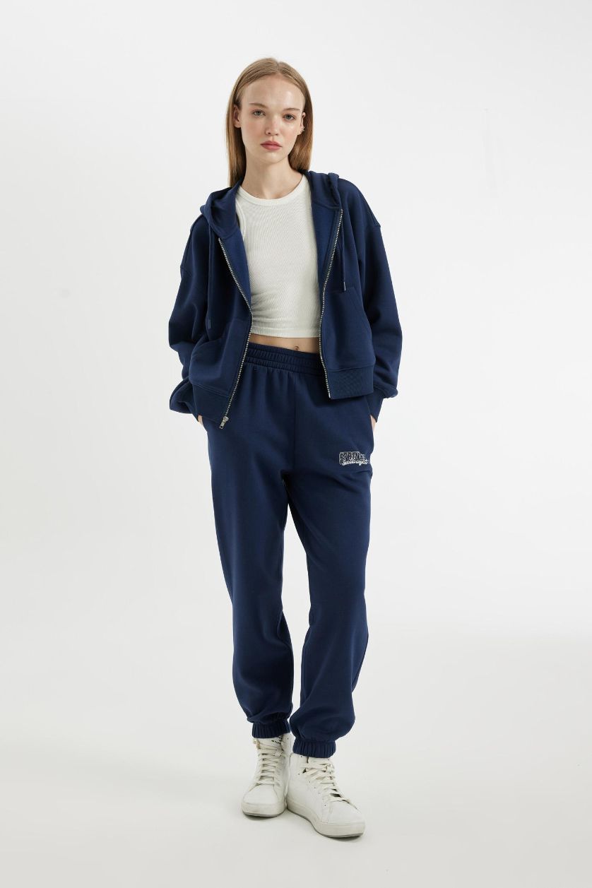 Kadın Lacivert Beli Paçası Lastikli Basic Düz Cepli Jogger Eşofman Altı