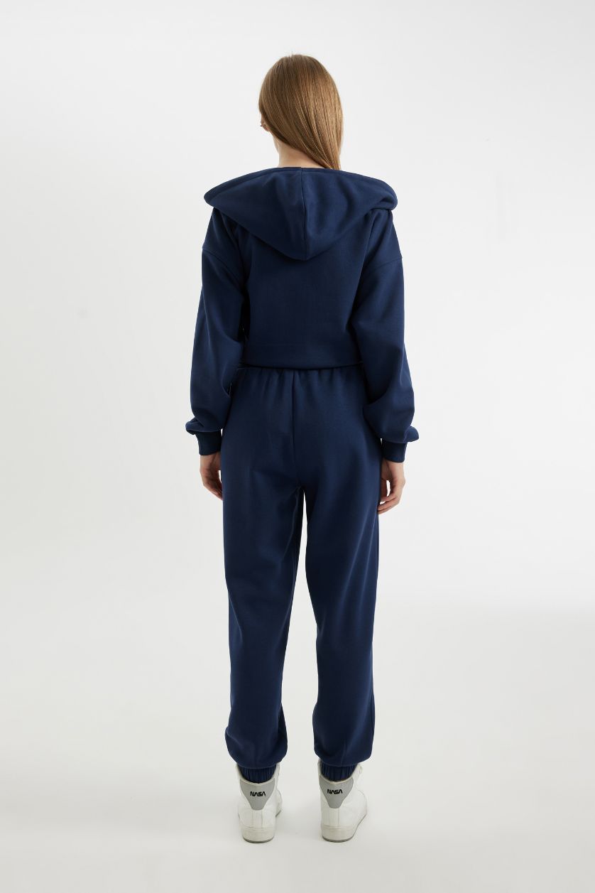 Kadın Lacivert Beli Paçası Lastikli Basic Düz Cepli Jogger Eşofman Altı