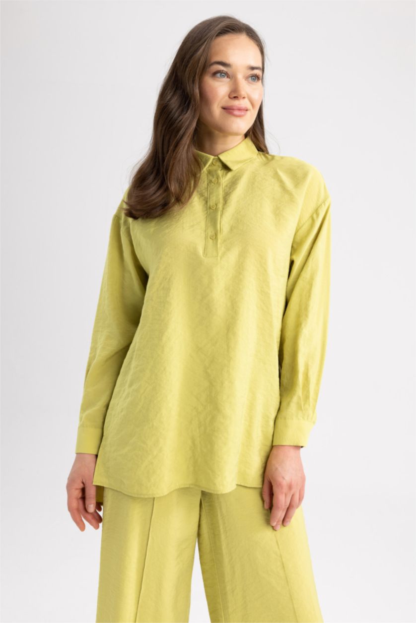 WOMAN Green Oversize Fit Tencel Long Sleeve Tunic