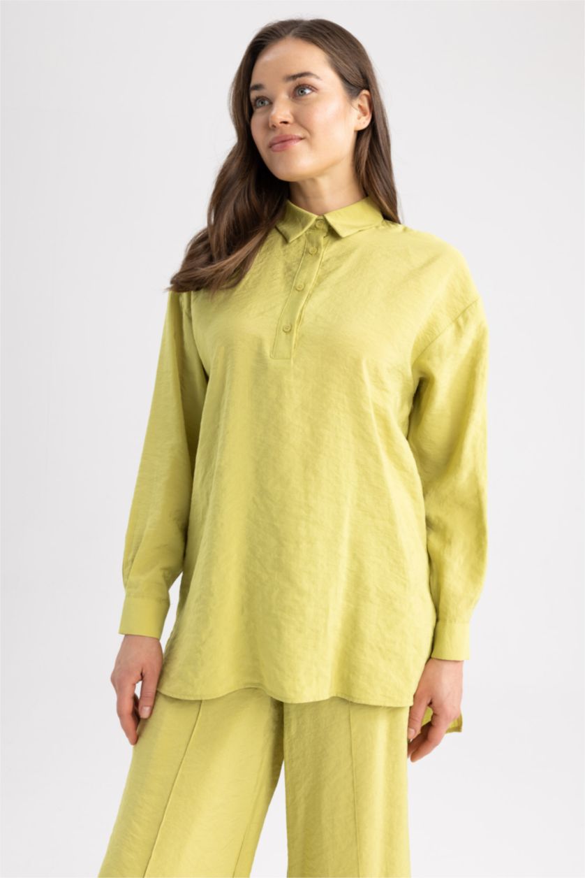 WOMAN Green Oversize Fit Tencel Long Sleeve Tunic