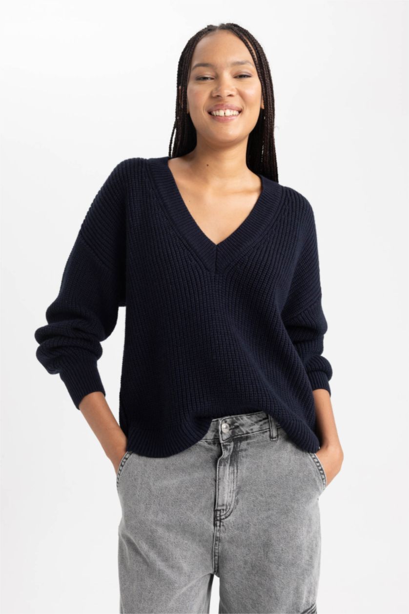 WOMAN NAVY Oversize Fit V-Neck Knitwear Pullover