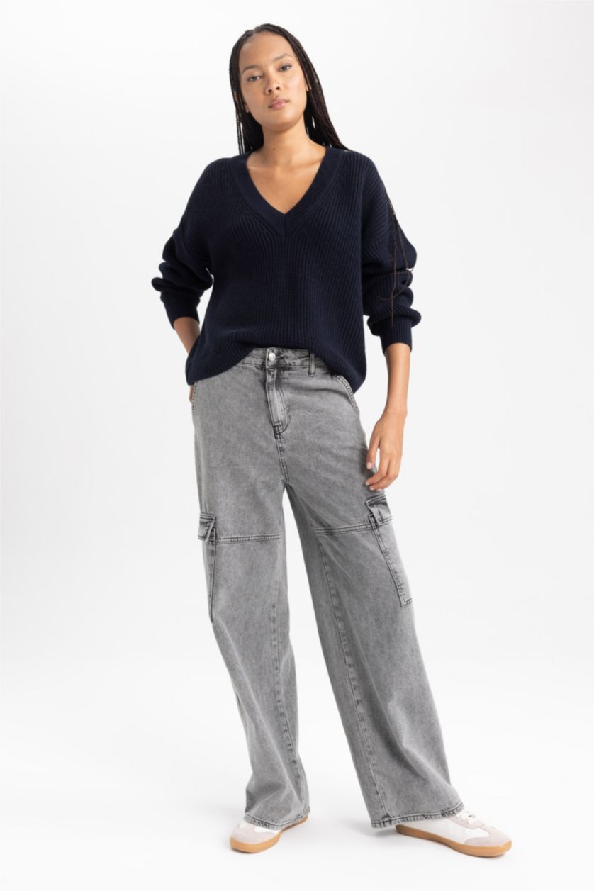 WOMAN NAVY Oversize Fit V-Neck Knitwear Pullover