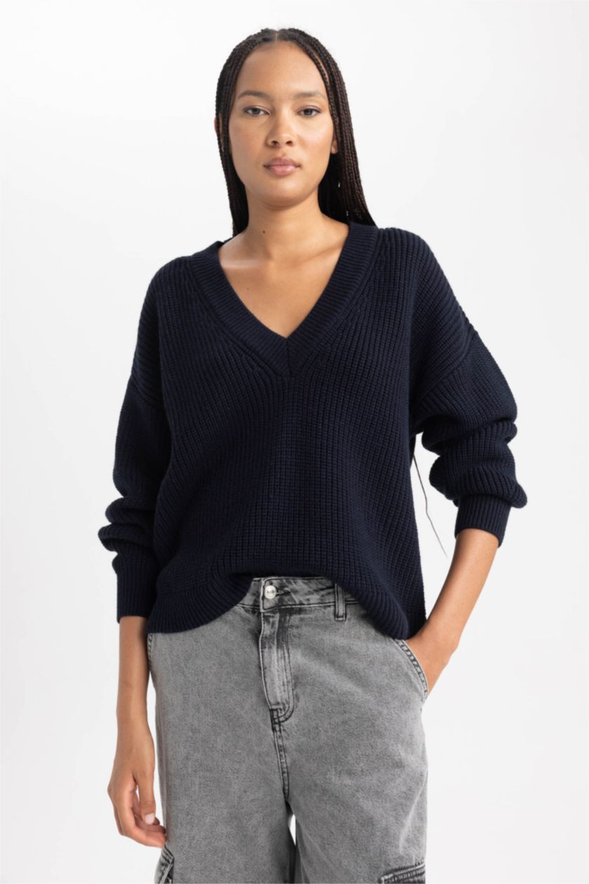 WOMAN NAVY Oversize Fit V-Neck Knitwear Pullover