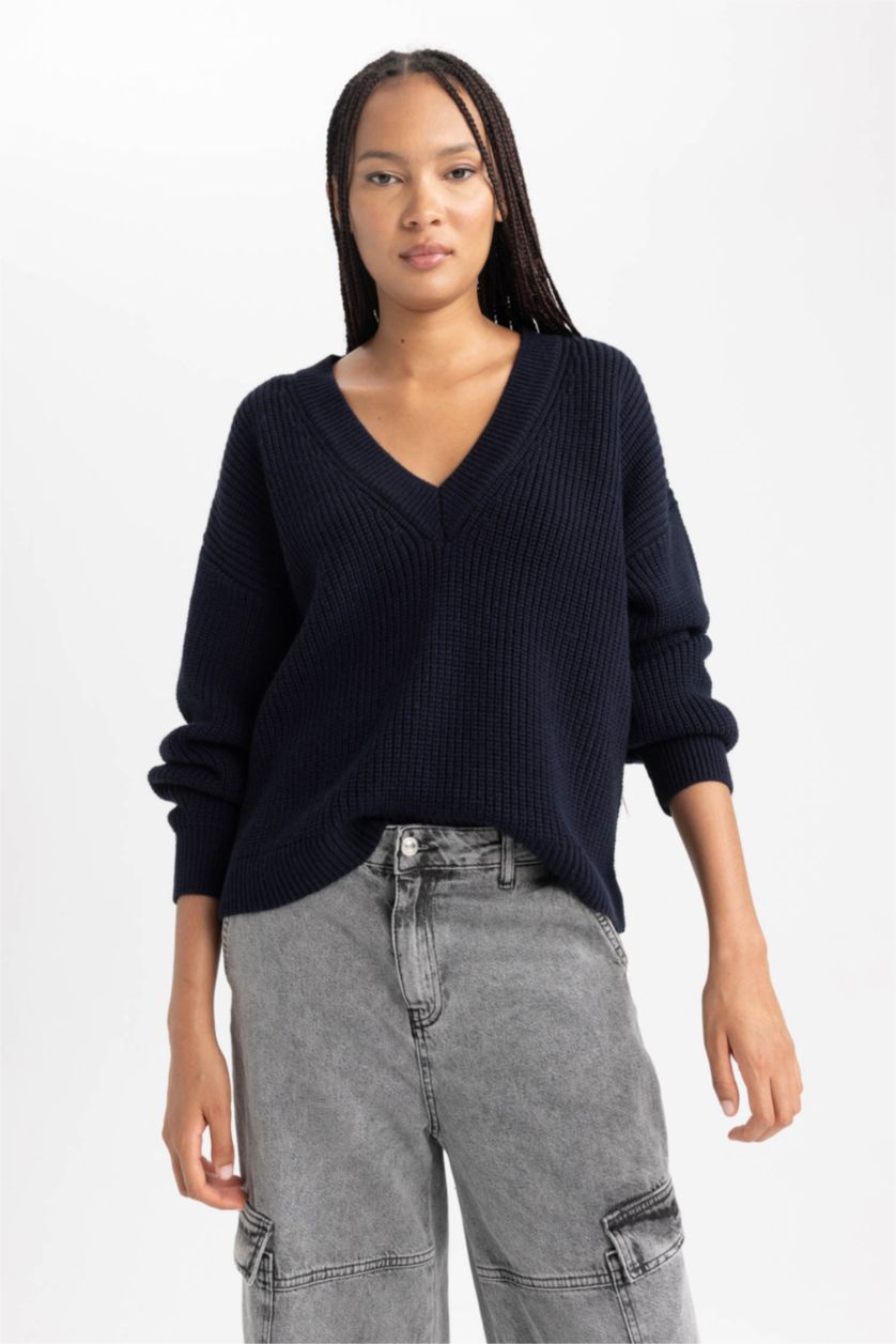 WOMAN NAVY Oversize Fit V-Neck Knitwear Pullover