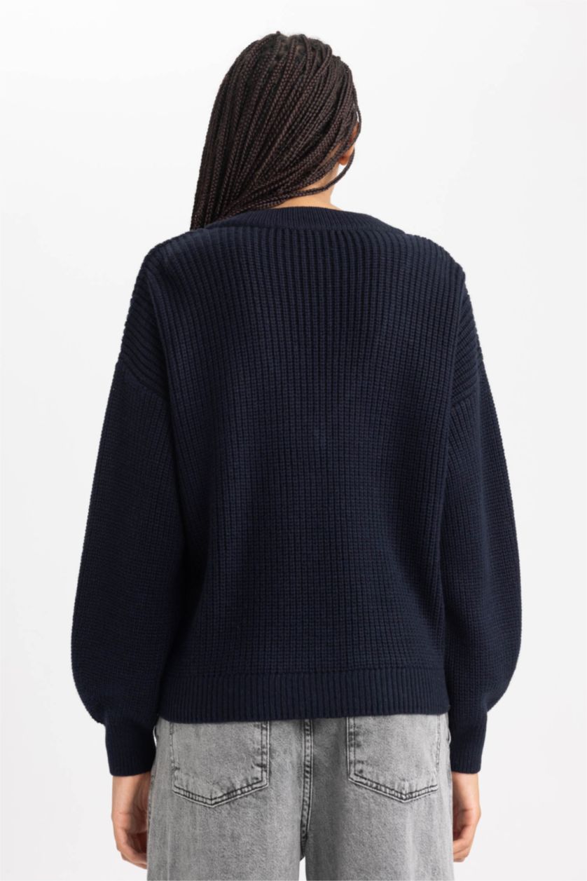 WOMAN NAVY Oversize Fit V-Neck Knitwear Pullover