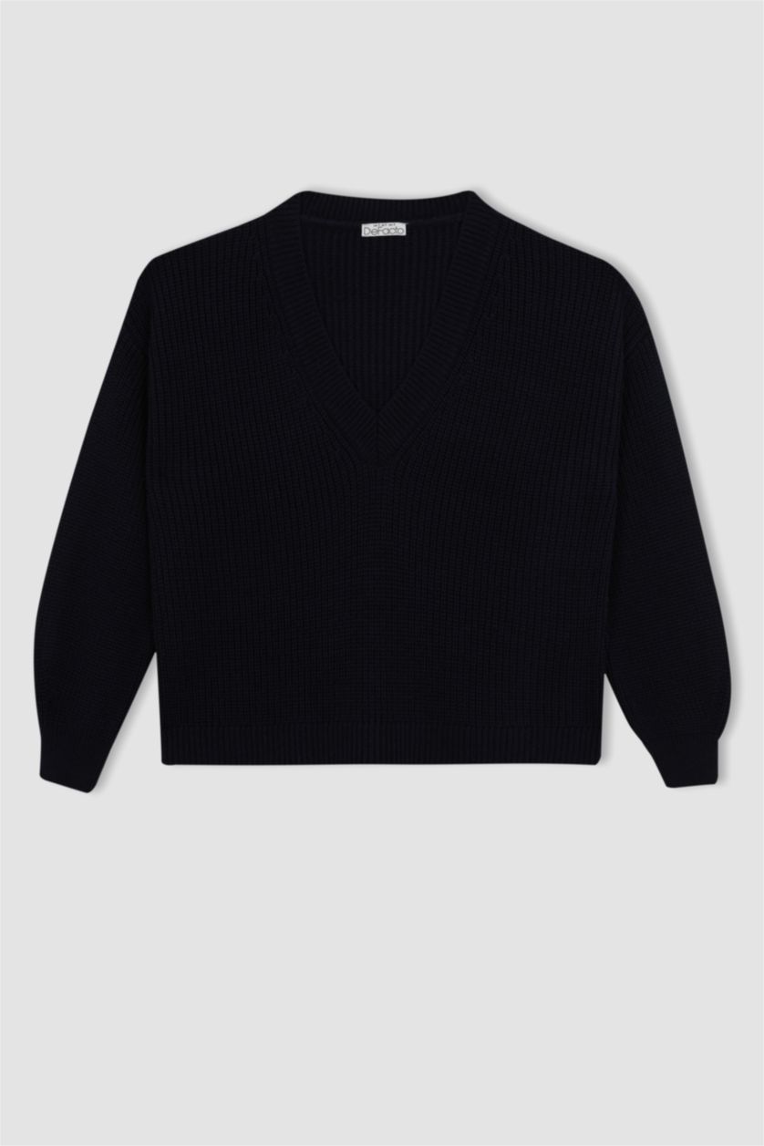 WOMAN NAVY Oversize Fit V-Neck Knitwear Pullover