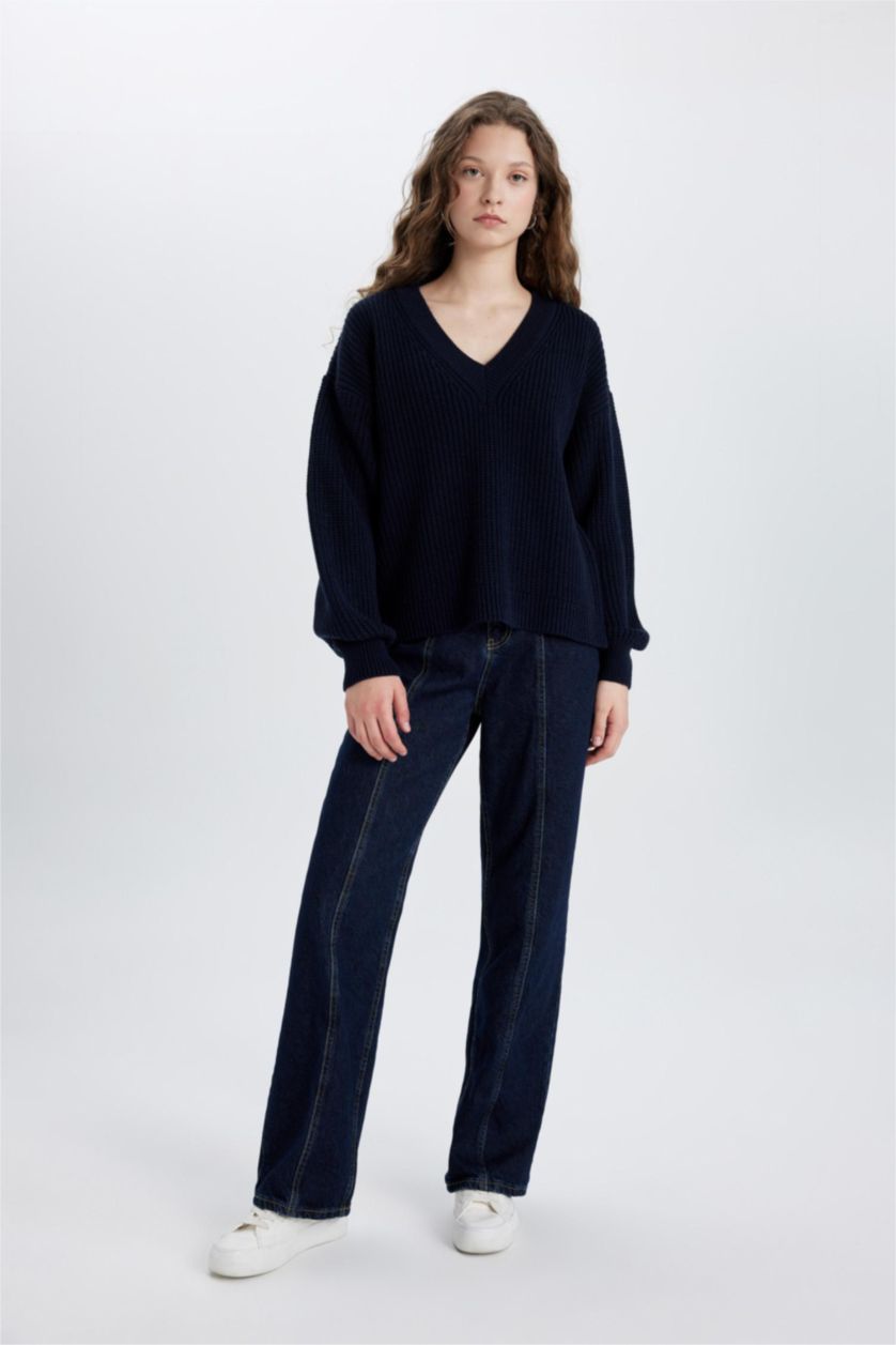 WOMAN NAVY Oversize Fit V-neck Knit Pullover